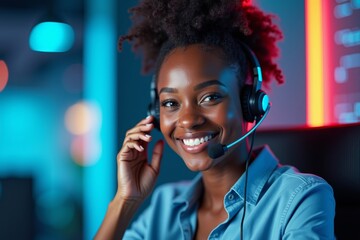 African Customer Service Executive with a Bright Smile, Futuristic Headset, and Surrounding Digital Elements