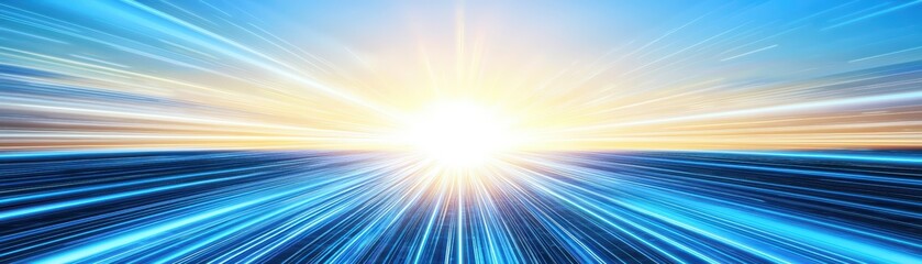 Stunning abstract landscape with rays of light illuminating the horizon at sunrise over a shimmering ocean of blue and gold hues