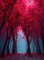 Crimson forest path, vibrant leaves