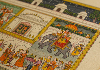 Obraz premium Exquisite Rajasthani Miniature Painting Showcasing a Royal Procession Featuring an Adorned Elephant and People, Meticulously Rendered on Aged Paper