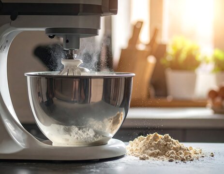 Stand mixer blending ingredients in a kitchen with warm sunlight, flour dusted everywhere, suggesting baking