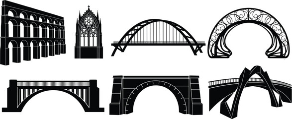 Bridge and aqueduct silhouette vector set, gothic, modern, ancient architecture, black icon, engineering structure clipart, landmark design, stock illustration