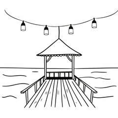 Minimilist illustration of a pier with a gazebo and string lights over water in black and white outline style vector