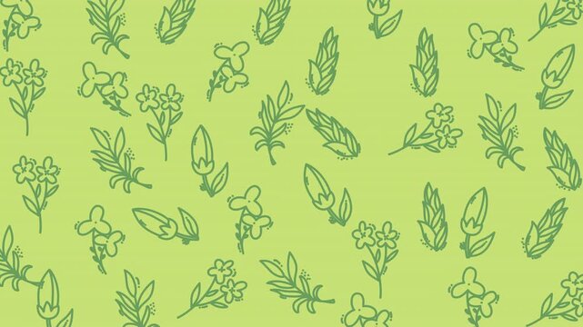 Doodle floral pattern with stylized flowers and leaves on green background. Suitable for backgrounds, stationery, fabric prints, and product design.