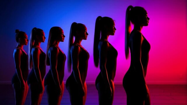 A group of women standing in a row in front of a pink and blue background