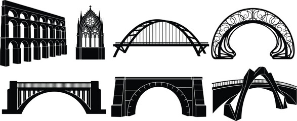 Bridge and architecture silhouette vector set, aqueduct, gothic facade, modern design, black icon, engineering structure clipart, stock illustration
