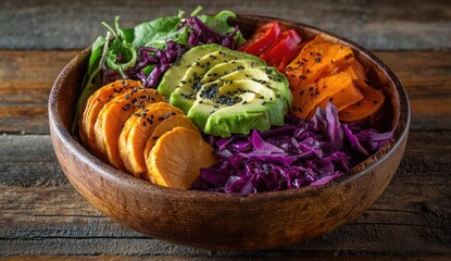 Colorful bowl of healthy, layered salad with sweet potato, avocado, red pepper, black sesame, and greens
