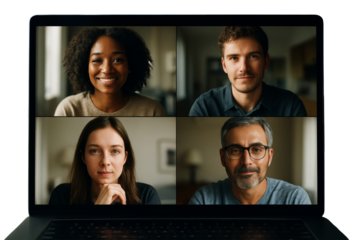 Four people on a video call displayed on a laptop screen, realistic style, indoor background, concept of remote meeting and communication, Ai generative