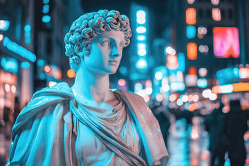 Bust of roman emperor illuminated by blue light against blurred background of colorful city lights at night