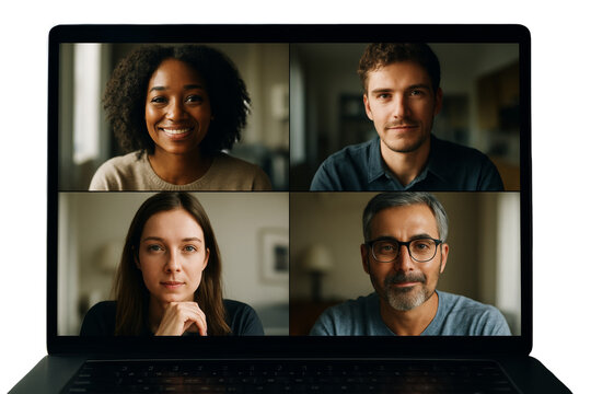 Four people on a video call displayed on a laptop screen, realistic style, indoor background, concept of remote meeting and communication, Ai generative