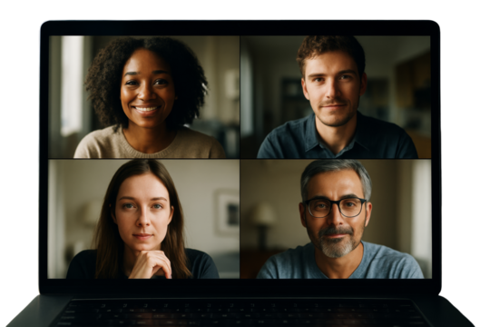 Four people on a video call displayed on a laptop screen, realistic style, indoor background, concept of remote meeting and communication, Ai generative