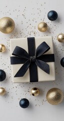 White gift box with navy ribbon, gold & navy ornaments, glitter