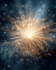 Glowing light burst with drifting snowflakes and faint ornaments in gold and icy blue tones