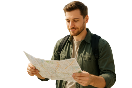 Bearded man holding map, wearing backpack and casual outfit, isolated on white background, concept of navigation and travel. Ai generative