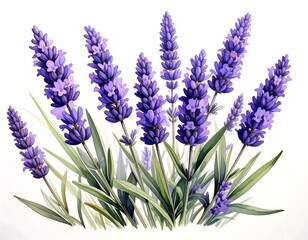 Fototapeta premium Watercolor style illustration of a group of purple lavender flowers with green leaves on a white background