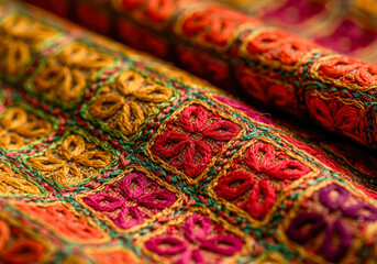 Detailed macro photography of a colorful Phulkari dupatta from Punjab, featuring exquisite Indian silk thread embroidery and traditional geometric motifs.