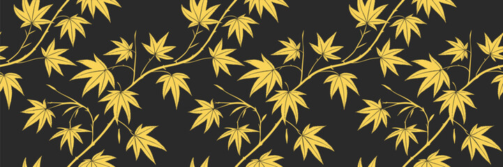 Fototapeta premium Elegant gold bamboo leaf seamless pattern on black background featuring luxurious oriental foliage design, ideal for wallpaper, fabric, packaging, and modern decorative surface art.