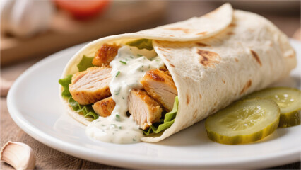 Delicious Chicken Wrap Delight: A close-up captures a delectable chicken wrap, meticulously crafted and showcasing its vibrant ingredients, creating a sensory feast for food enthusiasts.