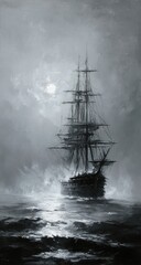 Fototapeta premium Gray ship sails on a misty sea under a pale moon