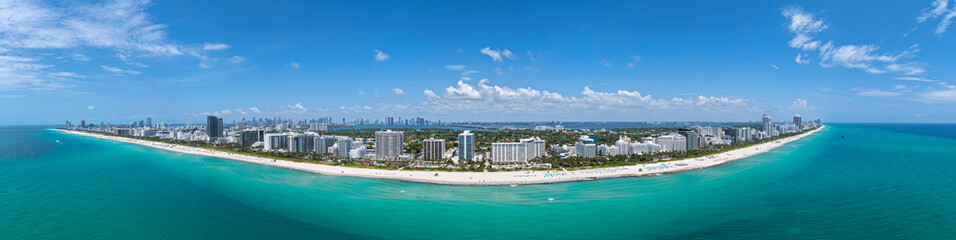 Aerial panorama of Miami Beach coastline. Stunning Miami skyline panorama. Drone panoramic view of...