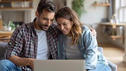 Happy couple using digital laptop for mortgage process home, enjoying technology together and smiling modern living room, relaxed with digital - Powered by Adobe