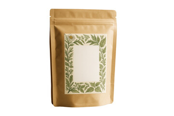 Brown kraft pouch with floral botanical label frame, isolated on white background, showing clean packaging design layout concept. Ai generative