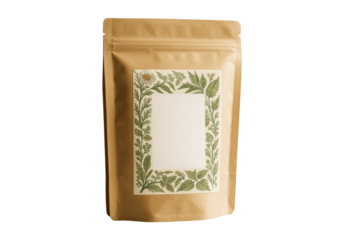 Brown kraft pouch with floral botanical label frame, isolated on white background, showing clean packaging design layout concept. Ai generative