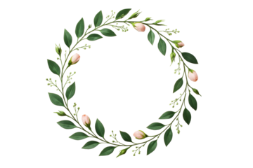 Circular floral frame made of green leaves and pink buds, realistic style, isolated on white background, concept of clean botanical template. Ai generative