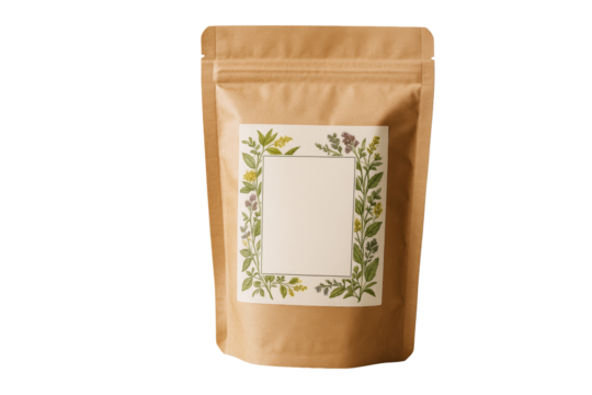 Kraft paper pouch with floral template label, isolated on white background, featuring botanical plants and flowers for organic product concept. Ai generative