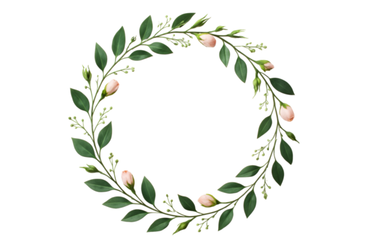 Circular floral frame made of green leaves and pink buds, realistic style, isolated on white background, concept of clean botanical template. Ai generative