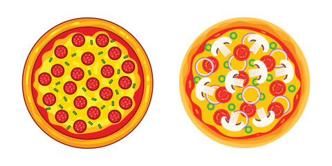 Delicious pepperoni and vegetarian pizzas presented side by side top view vector illustration