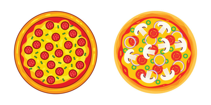 Delicious pepperoni and vegetarian pizzas presented side by side top view vector illustration