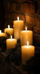 Cozy Hygge Christmas Fireplace Mantel with Glowing Pillar Candles and Evergreen Garland