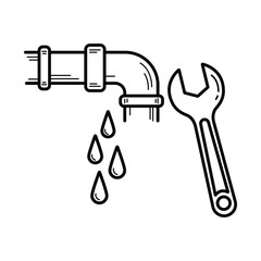 Hand drawn outline icon of leaking pipe and wrench representing plumbing repair service vector 