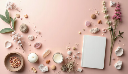 Christmas floral arrangement with candles forming a border on a warm beige background, blank center for cozy holiday messages