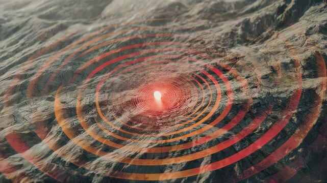 Abstract visualization of sound waves radiating from a central point over rough terrain