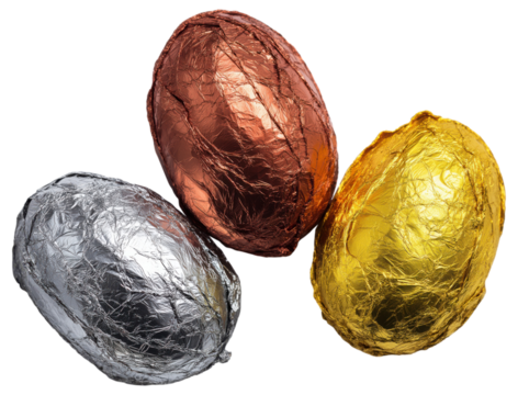 Colorful chocolate eggs wrapped in shiny foil ready for Easter celebrations isolated on transparent background.