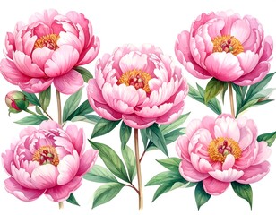 Fototapeta premium Watercolor illustration of five pink peonies with green leaves on white background, close up