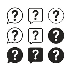 Set of six black and white question mark icons in speech bubbles and circles