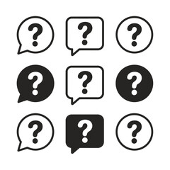 Set of nine question mark icons speech bubbles and circles for inquiry and doubt