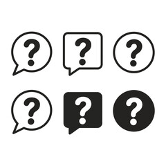 Set of six black and white question mark icons in speech bubbles and circles