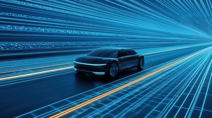 Obraz premium Futuristic Electric Car Driving on a Digital Highway Surrounded by Blue Light Trails and Vibrant Neon Effects