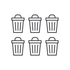 Minimalist outline icons of six trash cans or waste bins for cleanliness and recycling themes.