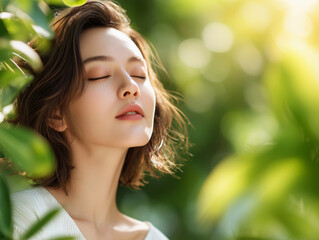 Naklejka premium Sunlit Natural Beauty: Glowing Skin Portrait in Lush Greenery