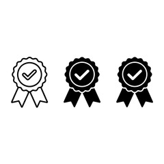 Three black and white award ribbons with checkmarks representing achievement and quality