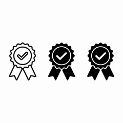 Three black and white award ribbons with checkmarks representing achievement and quality