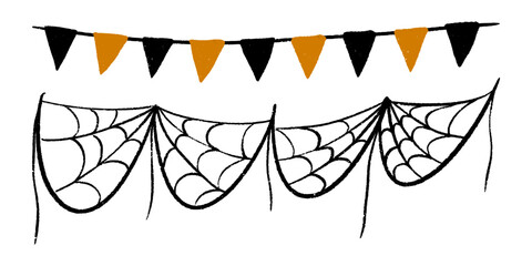 Halloween holiday cobweb garland pennant flags. Crayon sketch of hanging triangular banners. Isolated vector illustration of black and orange flags and scary web for party decoration.