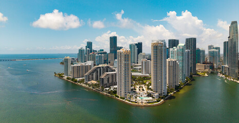 Aerial view of Brickell skyline in downtown Miami. Skyscrapers above Miami. Scenic panorama of...