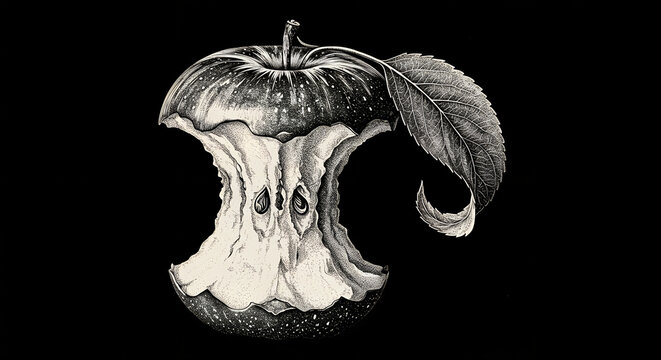 Remains of Delight: A captivating sketch depicts the core of an apple, a testament to enjoyment, simplicity, and the essence of nature.