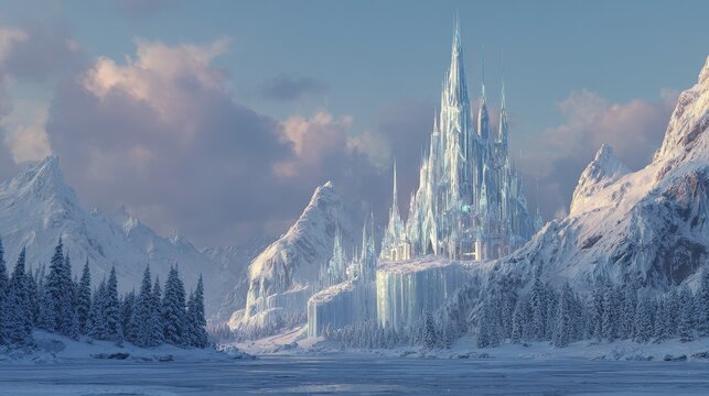 Majestic Crystalline Ice Palace Glowing Amidst Snowy Mountains and a Golden Sky. - Powered by Adobe